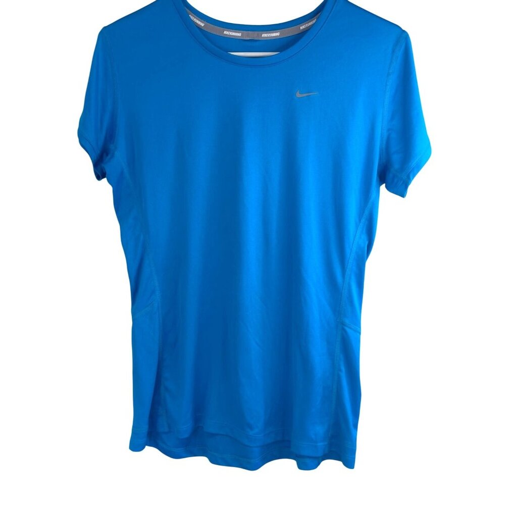 Nike Running Dri-Fit Womens Aqua Blue Cap Short Sleeve Logo Activewear Size Med